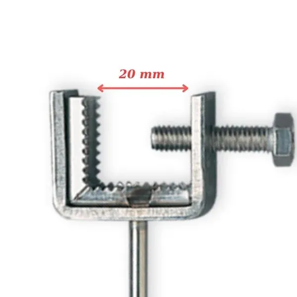 Pince à gouttière en acier inoxydable pour système anti-pigeons, montrant une capacité de serrage de 20 mm.