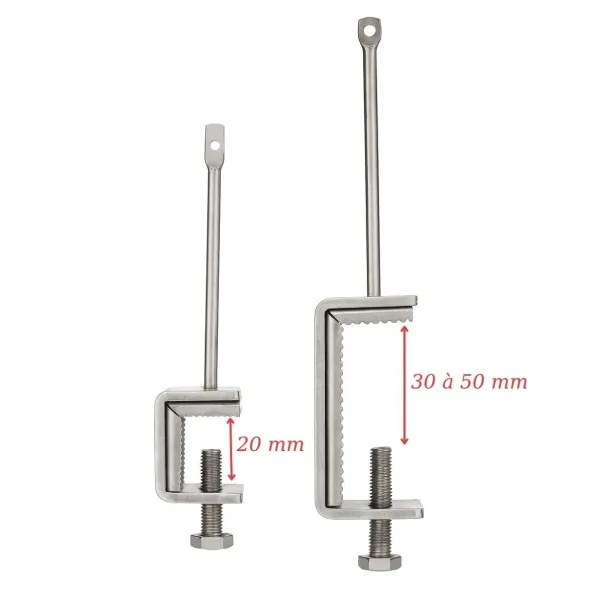 Schéma technique montrant la plage de serrage ajustable de 30 à 50 mm de la pince à poutrelle.