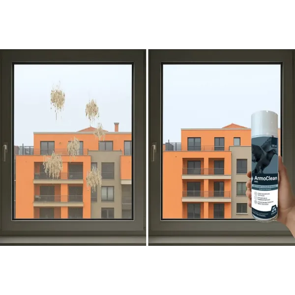 Comparaison avant/après montrant l'efficacité de la mousse active sur les fientes de pigeons.