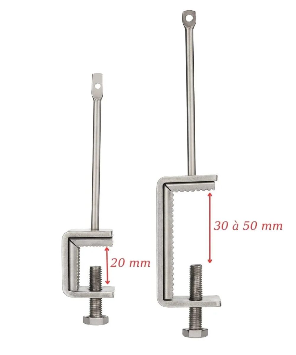Schéma technique montrant la plage de serrage ajustable de 30 à 50 mm de la pince à poutrelle.