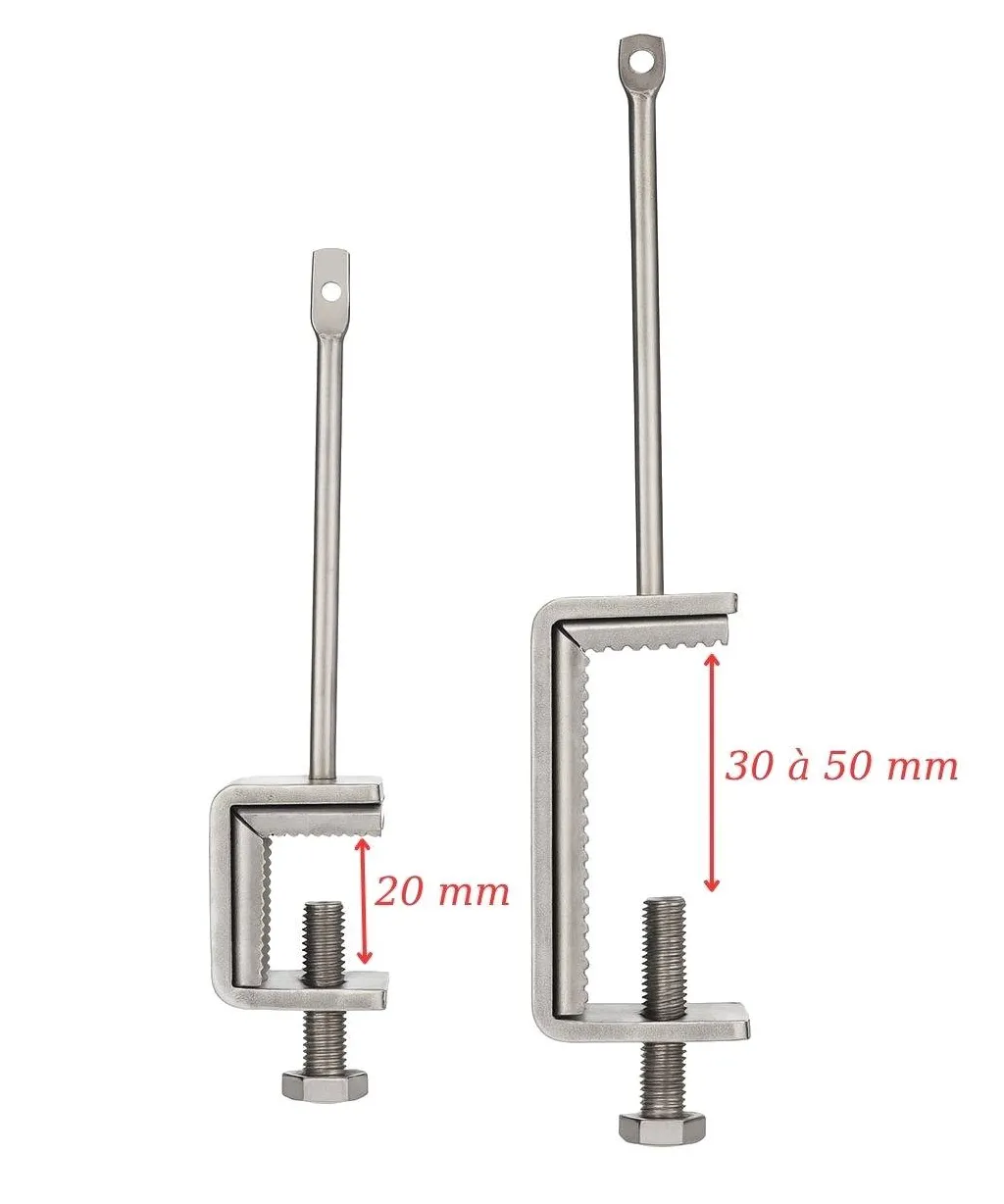 Schéma technique montrant la plage de serrage ajustable de 20 mm de la pince à poutrelle.