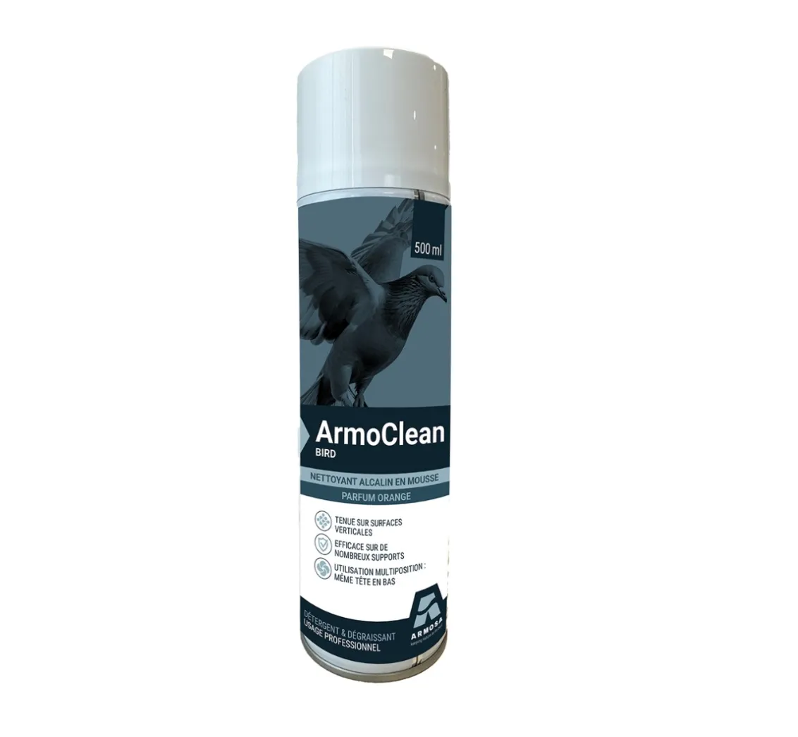 Aérosol nettoyant professionnel Armoclean Bird, mousse active spéciale fientes de pigeons.