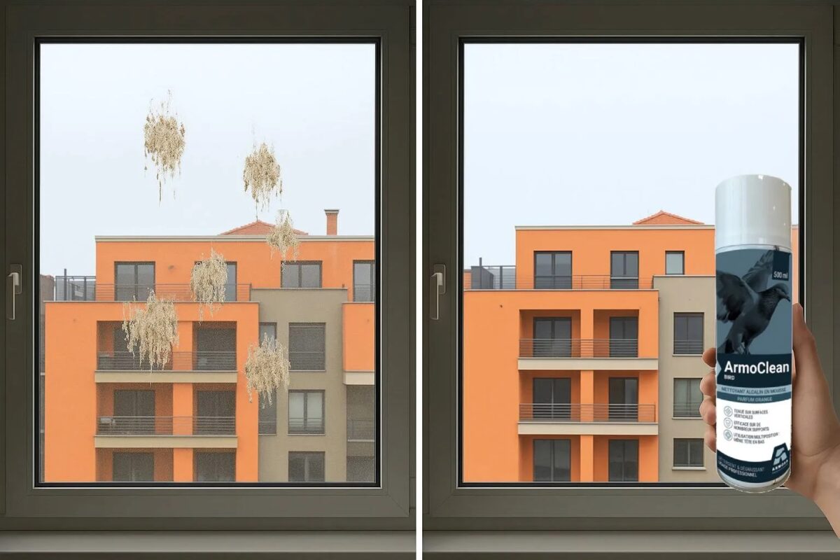 Comparaison avant/après montrant l'efficacité de la mousse active sur les fientes de pigeons.