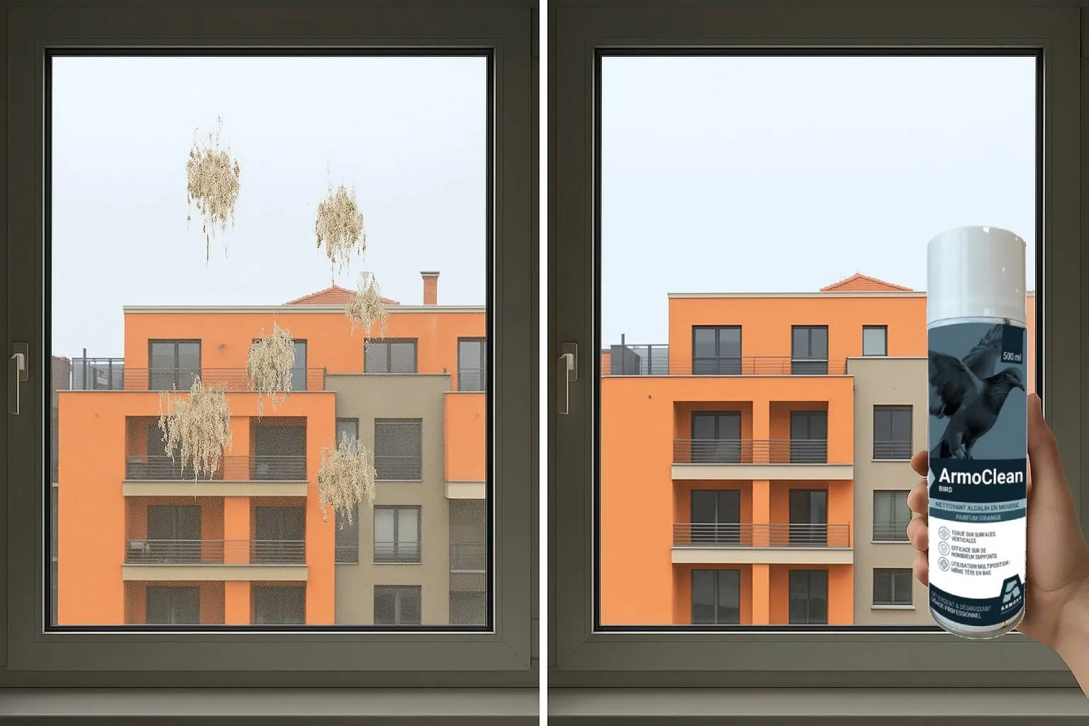 Comparaison avant/après montrant l'efficacité de la mousse active sur les fientes de pigeons.